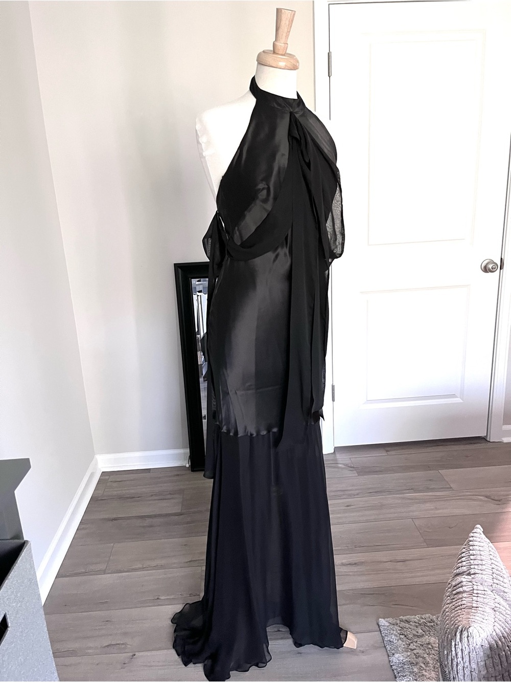 Vintage Jayson Brunsdon Black 100% Silk Halter Draped Chiffon Evening Gown, 6